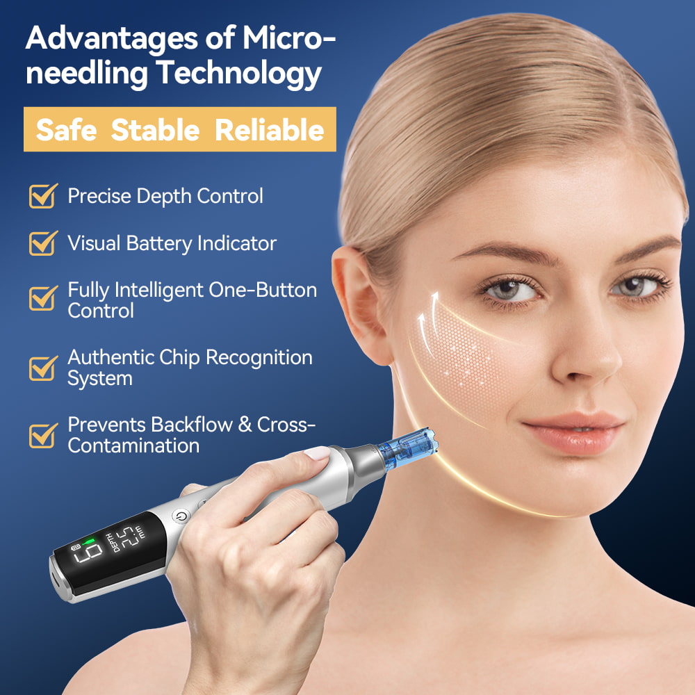 Dr. Pen M9 dermapen com tecnologia microneedling avançada, profundidade da agulha ajustável e cartucho de agulha anti-refluxo para tratamento seguro da pele.