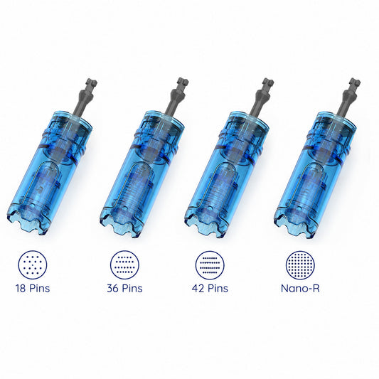 Cartuchos de agulhas para Dr. Pen M9 para microneedling, incluindo 18-pin, 36-pin, 42-pin e Nano-R para diferentes tratamentos de pele e tipos de pele.