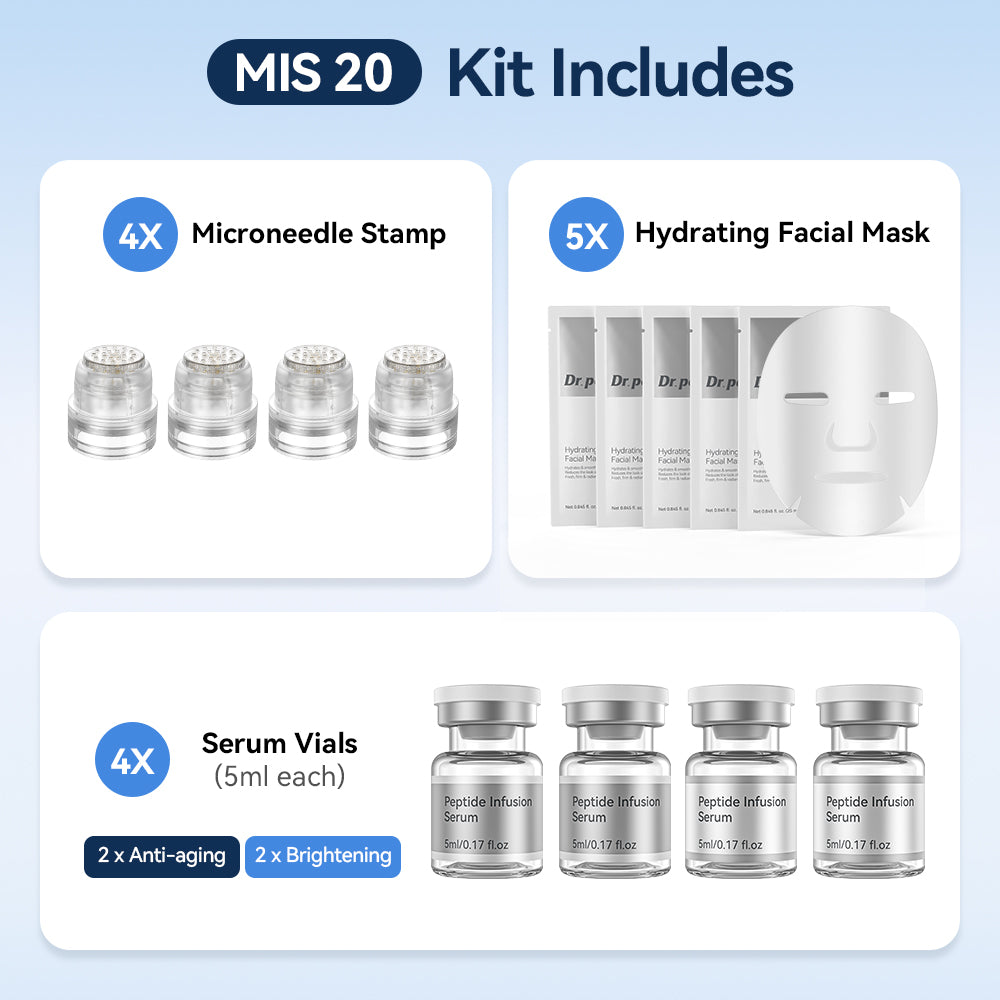 Dr. Pen MIS20 Micro-Infusion Kit com quatro microneedle stamps, cinco máscaras faciais hidratantes e quatro frascos de sérum de 5 ml – dois séruns anti-idade e dois séruns para uma pele mais uniforme e radiante.