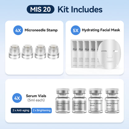 Dr. Pen MIS20 Micro-Infusion Kit com quatro microneedle stamps, cinco máscaras faciais hidratantes e quatro frascos de sérum de 5 ml – dois séruns anti-idade e dois séruns para uma pele mais uniforme e radiante.