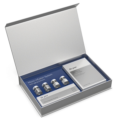 Dr. Pen MIS20 Micro-Infusion System em embalagem aberta com quatro peptide infusion serum, microneedle stamp e máscaras faciais hidratantes para micro-infusion e cuidados da pele em casa.