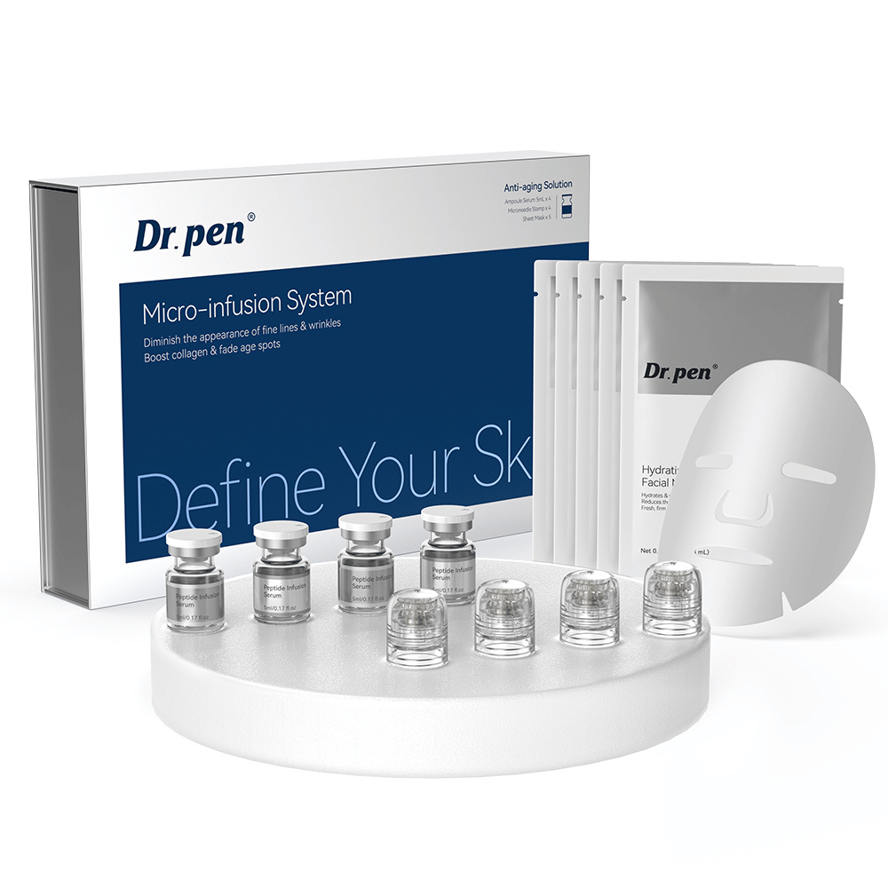 Dr. Pen MIS20 Micro-Infusion System kit completo de cuidados da pele com peptide infusion serum, aplicadores de micro-infusion e máscaras faciais hidratantes para tratamento de linhas finas, tom de pele irregular e pele baça.