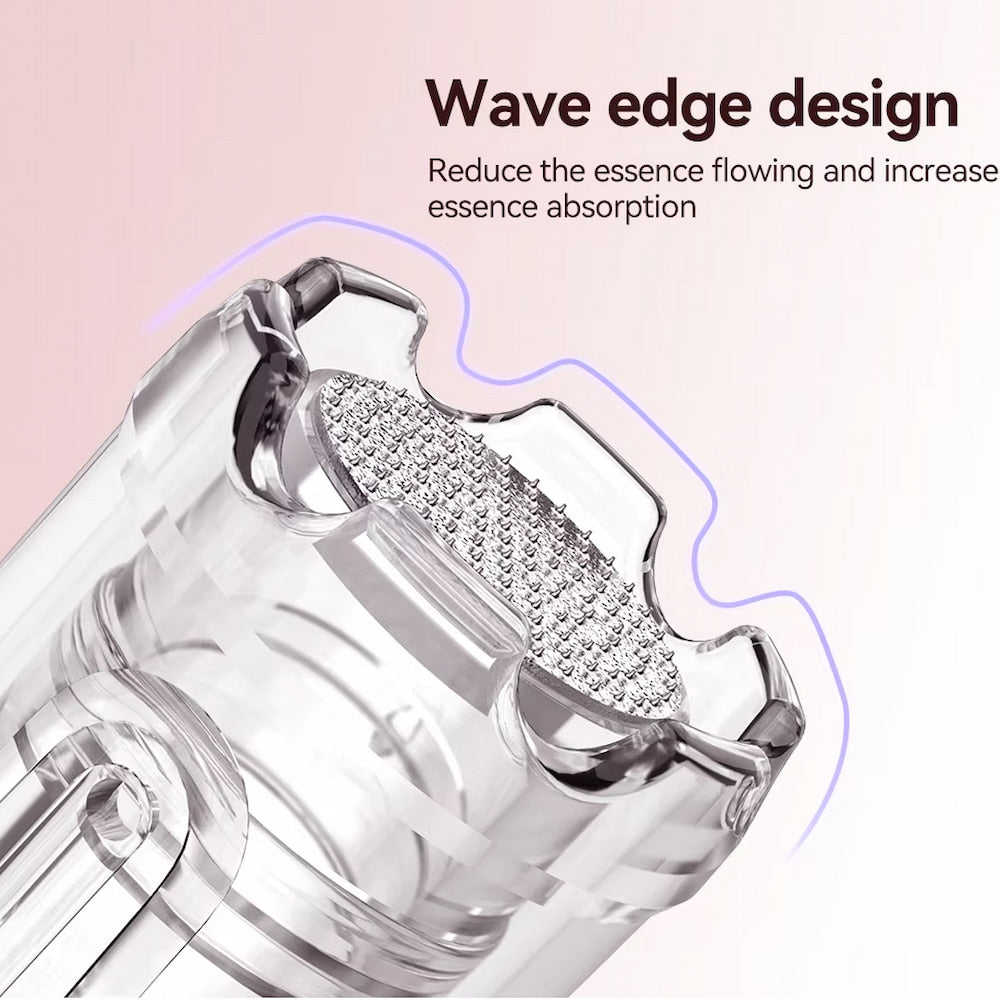 Close-up de Dr. Pen cabeça de agulha com design de borda ondulada que reduz derramamentos e melhora a absorção da pele na microneedling.