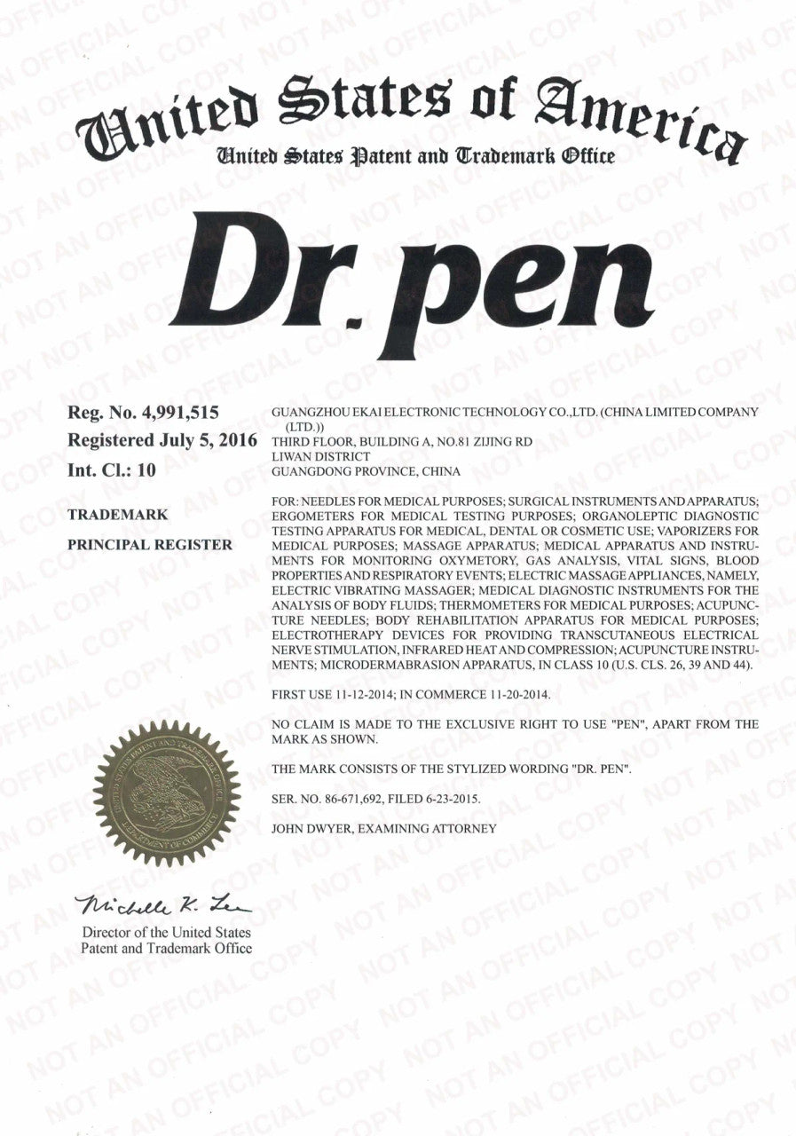 Certificado oficial do United States Patent and Trademark Office mostrando o registro da marca Dr. Pen.