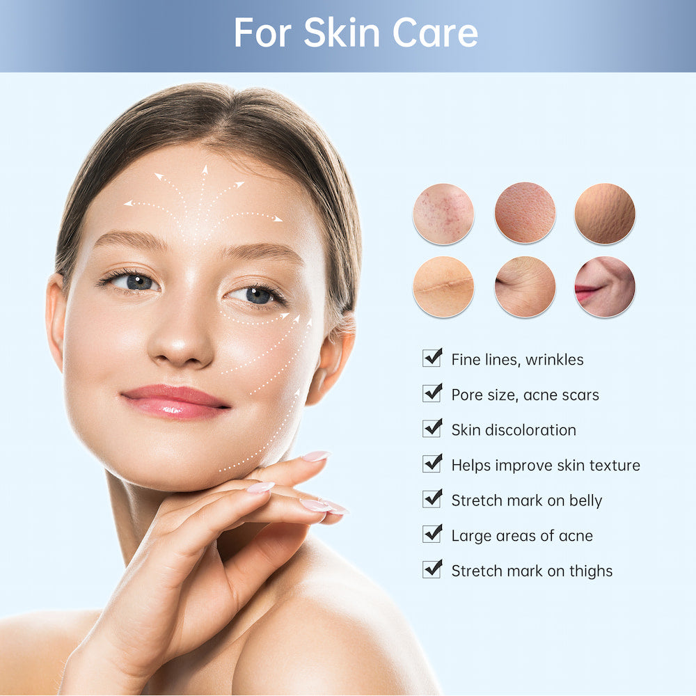 Ilustração de mulher com setas marcadas no rosto mostrando áreas de cuidado da pele, além de pequenos exemplos de pele ao lado e uma lista de problemas de pele que podem ser tratados, como linhas finas, poros, cicatrizes de acne e textura da pele.