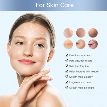 Ilustração de mulher com setas marcadas no rosto mostrando áreas de cuidado da pele, além de pequenos exemplos de pele ao lado e uma lista de problemas de pele que podem ser tratados, como linhas finas, poros, cicatrizes de acne e textura da pele.