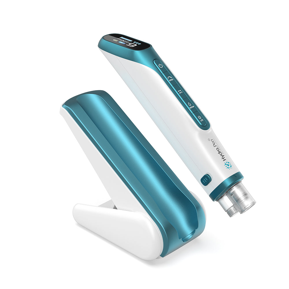 Hydra Pen H6 dispositivo de microneedling e suporte incluído em turquesa e branco, desenvolvido para hydra-infusion, melhor administração de sérum e renovação avançada da pele.