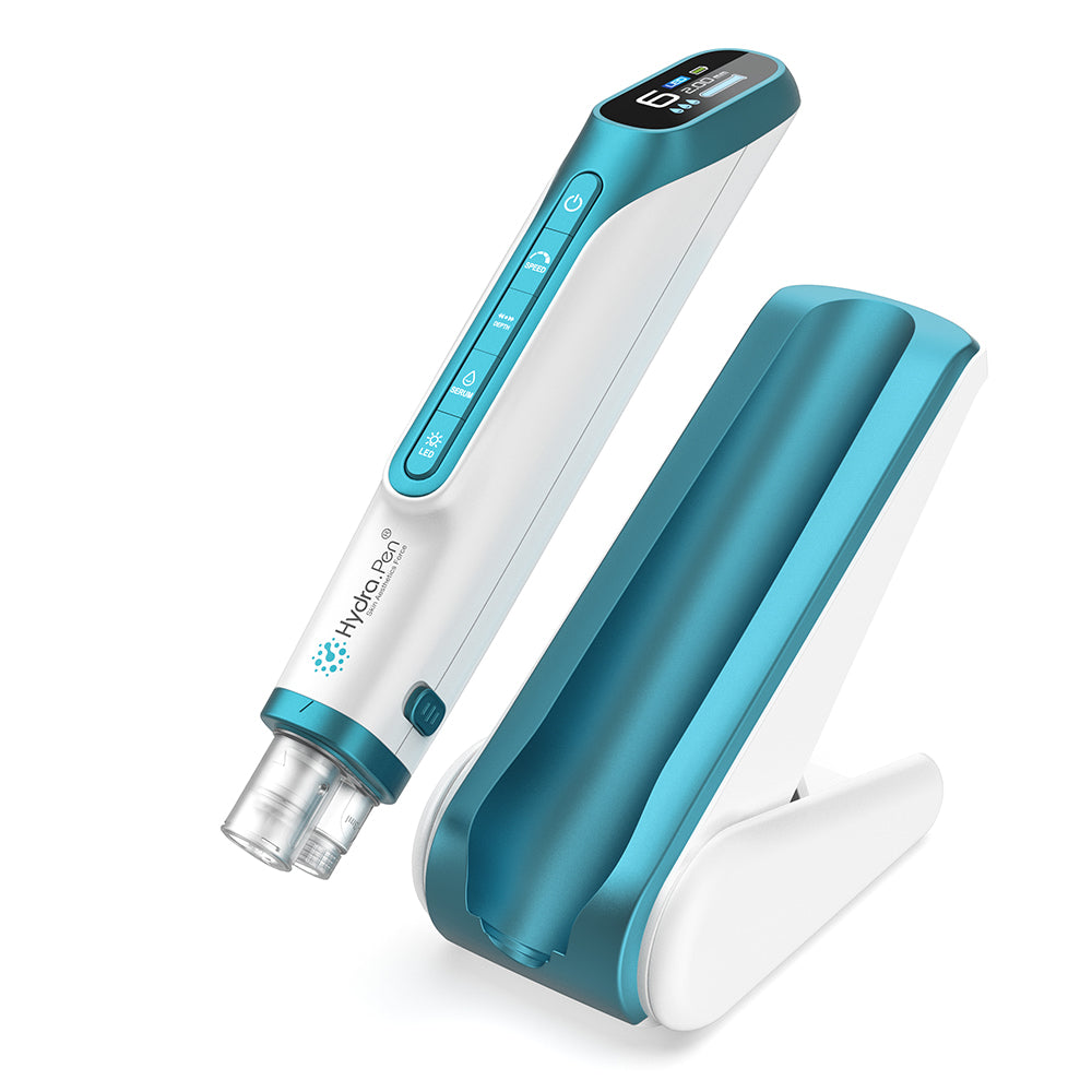 Hydra Pen H6 dispositivo de microneedling ao lado do seu suporte, concebido para hydra-infusion, melhor absorção de sérum e cuidados de pele profissionais avançados em casa.