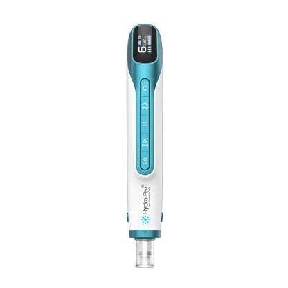 Hydra Pen H6 dispositivo de microneedling e infusão de sérum visto de frente com ecrã digital e funções ajustáveis para cuidados da pele avançados.