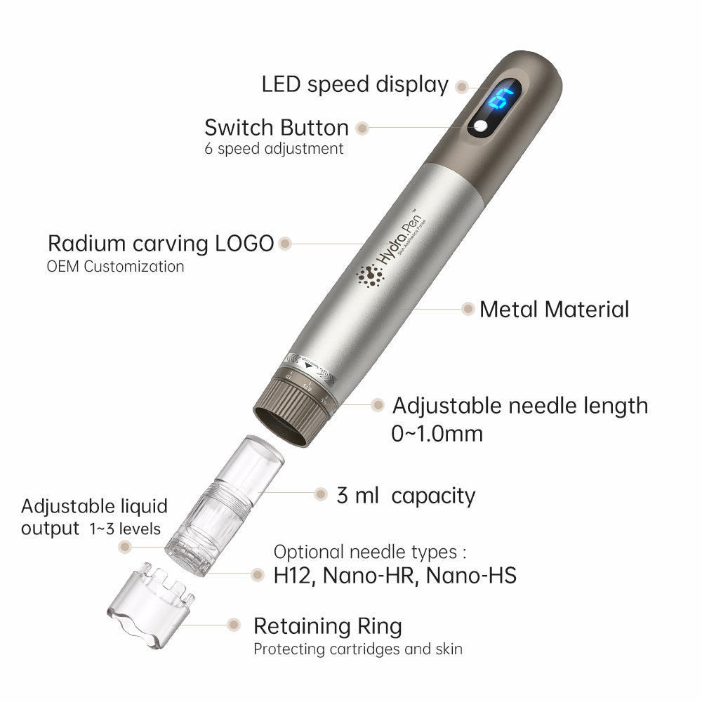HydraPen h3 med LED-hastighetsdisplay, 6 hastigheter, justerbart nåldjup 0–1,0 mm, 3 ml vätskebehållare, justerbart vätskeutsläpp och kompatibla nåltyper H12, Nano-HR och Nano-HS.