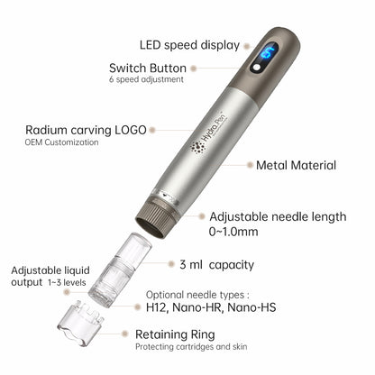 HydraPen h3 med LED-hastighetsdisplay, 6 hastigheter, justerbart nåldjup 0–1,0 mm, 3 ml vätskebehållare, justerbart vätskeutsläpp och kompatibla nåltyper H12, Nano-HR och Nano-HS.