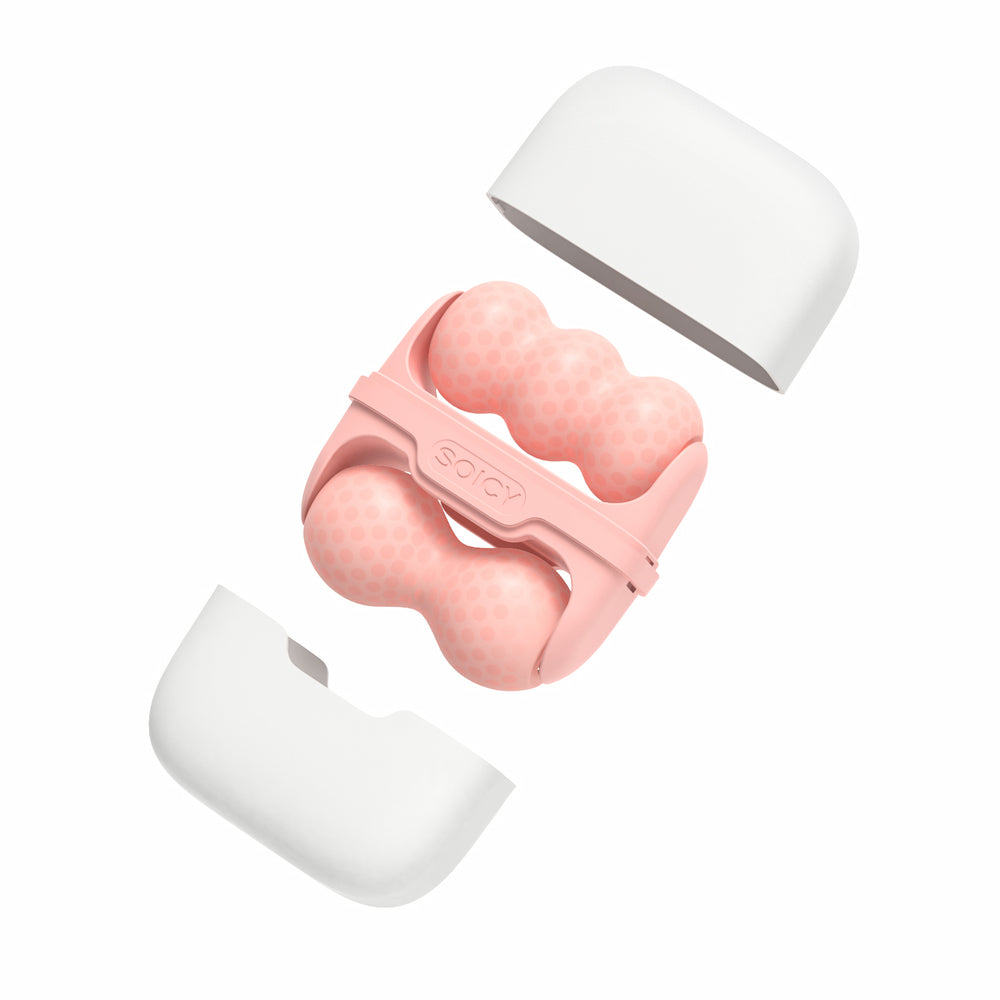 Ice Roller Soicy S30 em rosa – rolo facial ergonômico para crioterapia, massagem e drenagem linfática, mostrado em posição desmontada com estojo de armazenamento branco.