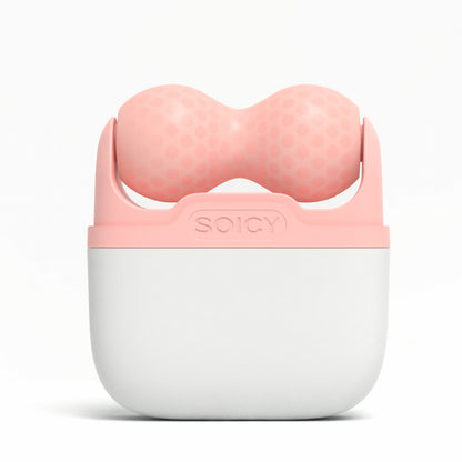 Ice Roller Soicy S30 em rosa – rolo facial refrescante em estojo de armazenamento visto de frente, ideal para reduzir o inchaço e proporcionar efeito de firmeza.