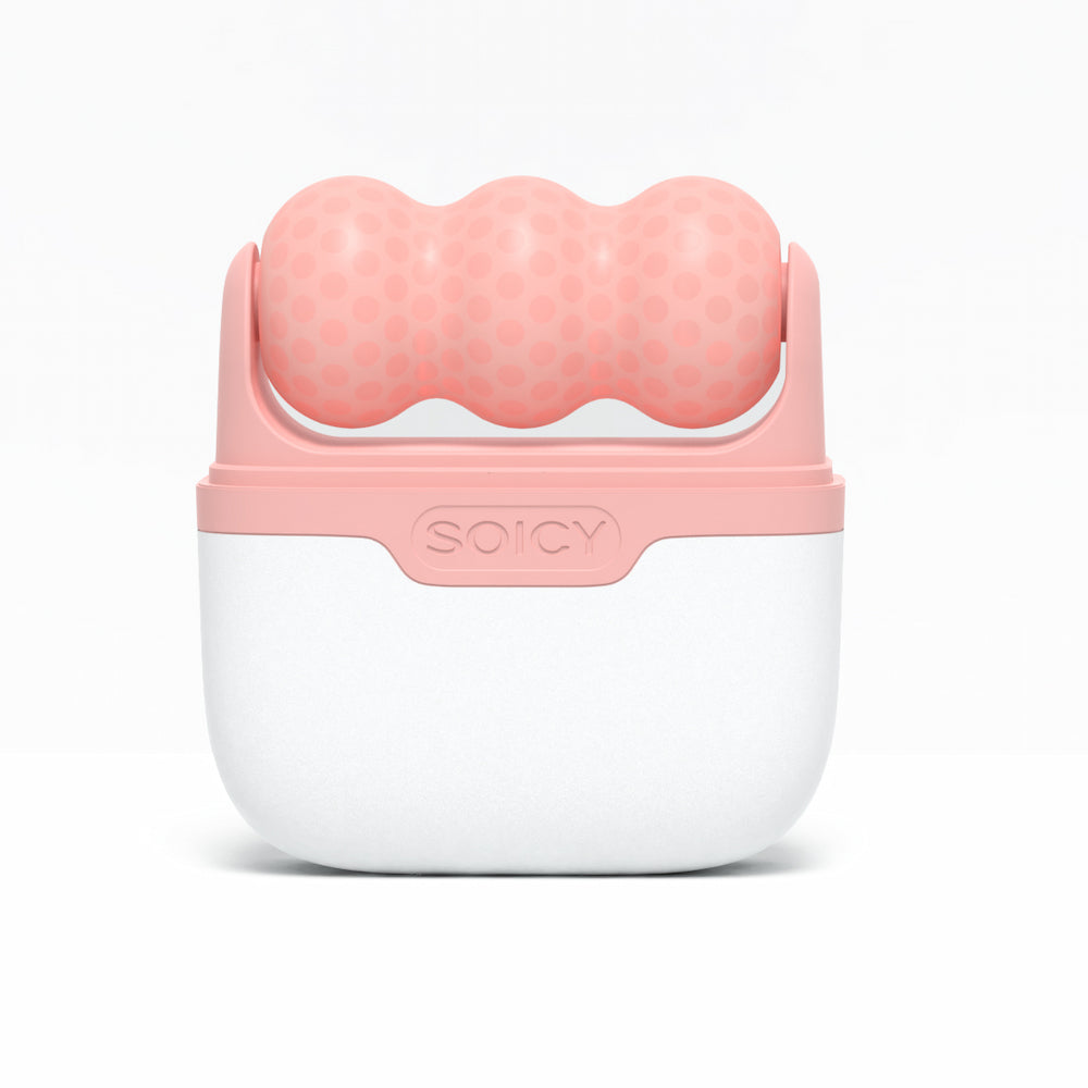 Ice Roller Soicy S30 em rosa colocado em seu estojo de armazenamento branco – rolo facial refrescante para inchaço, drenagem linfática e firmeza da pele.