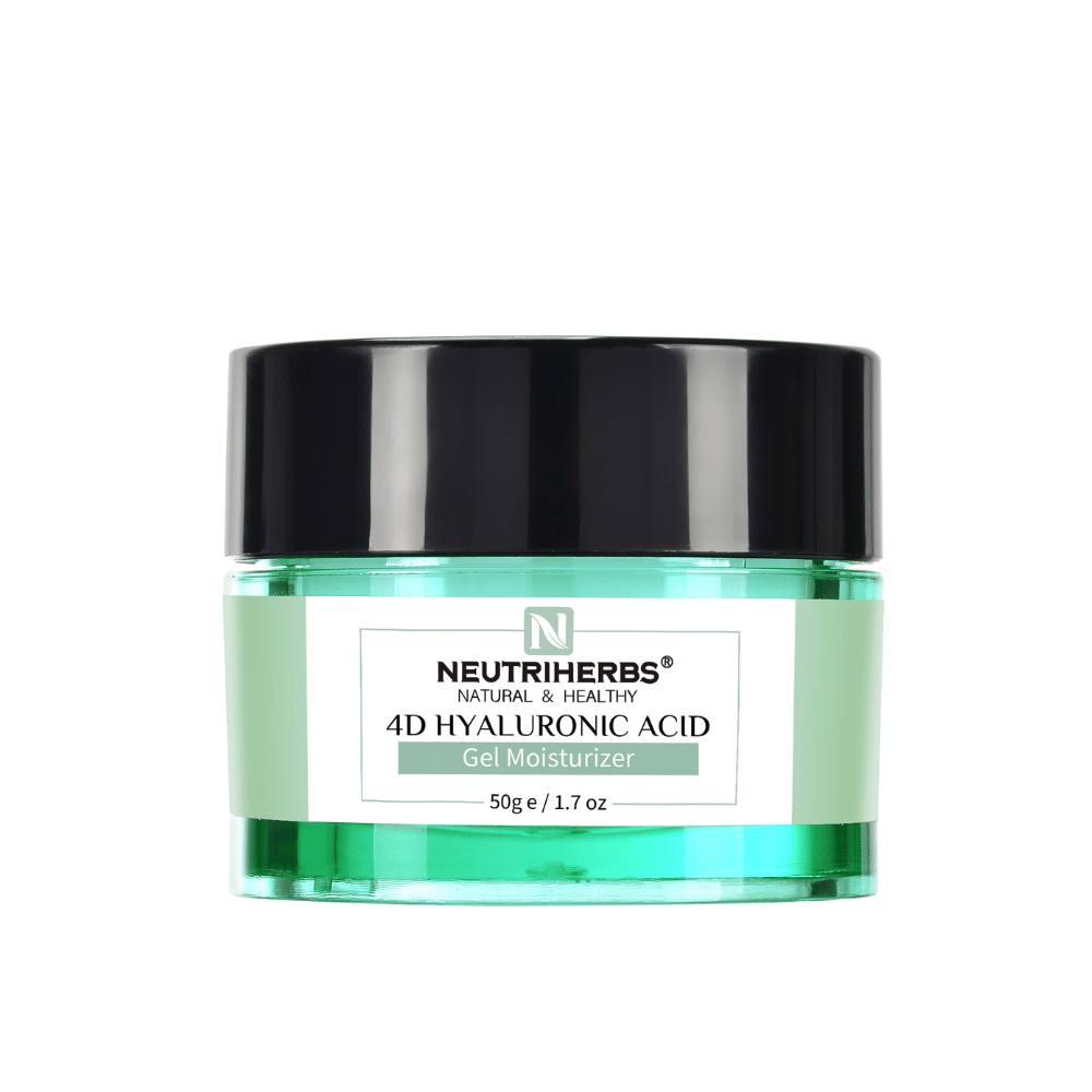 Neutriherbs 4D Hyaluronic Acid Gel Moisturizer 50 g em frasco verde. Um gel-creme leve com ácido hialurónico 4D que hidrata a pele em vários níveis, ajuda a reforçar a barreira cutânea e deixa a pele macia, suave e fresca sem sensação oleosa.