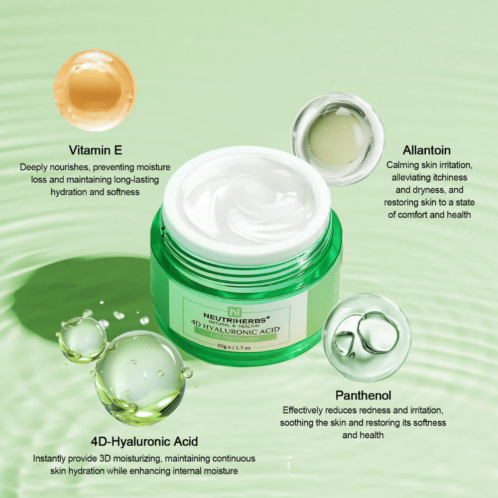 Neutriherbs 4D Hyaluronic Acid Gel Moisturizer 50 g com ilustração dos ingredientes ativos. O creme contém ácido hialurónico 4D para hidratação duradoura, bem como vitamina E, pantenol e alantoína, que ajudam a hidratar, acalmar a pele e reforçar a barreira protetora da pele.