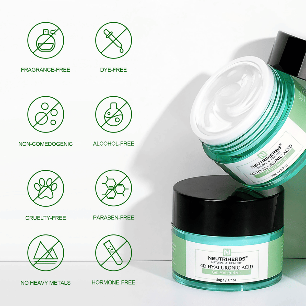 Neutriherbs 4D Hyaluronic Acid Gel Moisturizer 50 g com ilustração das características do produto. O gel-creme é sem perfume, sem álcool, sem corantes, não comedogénico, sem parabenos e cruelty-free, bem como livre de metais pesados e hormonas, o que o torna suave para todos os tipos de pele, incluindo pele sensível.