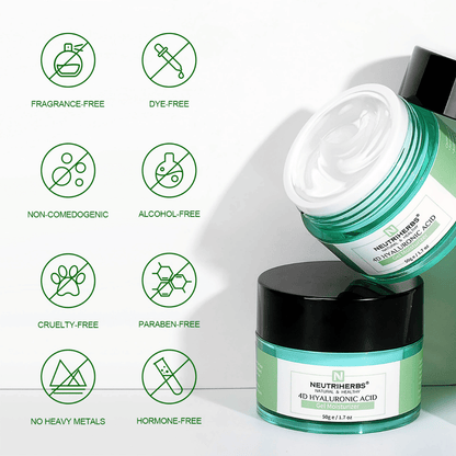 Neutriherbs 4D Hyaluronic Acid Gel Moisturizer 50 g com ilustração das características do produto. O gel-creme é sem perfume, sem álcool, sem corantes, não comedogénico, sem parabenos e cruelty-free, bem como livre de metais pesados e hormonas, o que o torna suave para todos os tipos de pele, incluindo pele sensível.