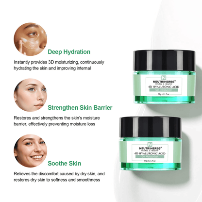 Neutriherbs 4D Hyaluronic Acid Gel Moisturizer 50 g com ilustração dos principais benefícios do produto. O gel-creme proporciona hidratação intensa, ajuda a reforçar a barreira protetora da pele e acalma a pele seca e sensível para uma sensação de pele mais macia e suave.