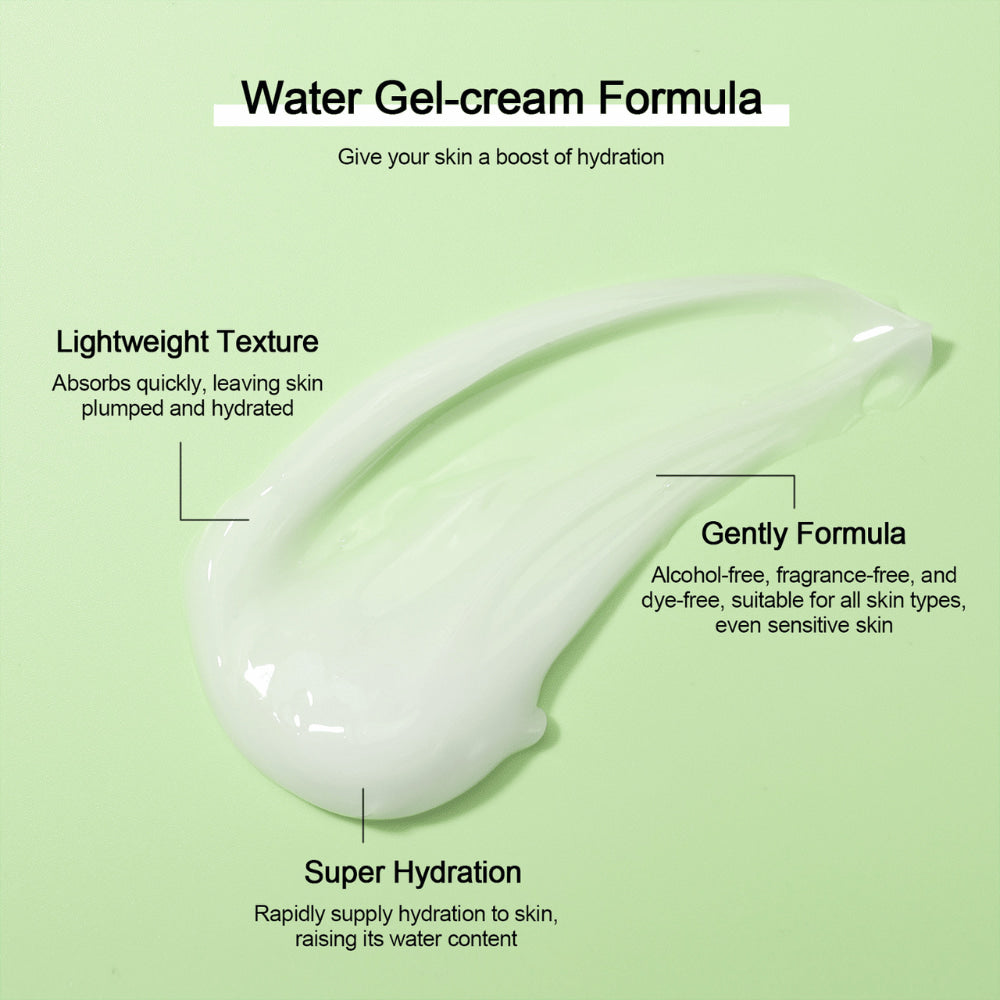 Ilustração da textura leve em gel de Neutriherbs 4D Hyaluronic Acid Gel Moisturizer. O gel-creme à base de água é rapidamente absorvido, proporciona hidratação intensa e deixa a pele macia, preenchida e fresca. A fórmula é suave e adequada para todos os tipos de pele, incluindo pele sensível.