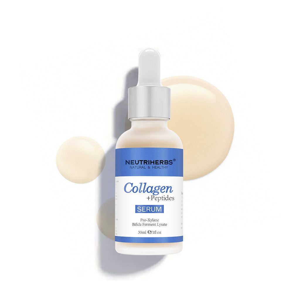 Neutriherbs Collagen + Peptides Serum 30 ml sobre fundo branco com bolhas decorativas de colagénio. Sérum facial hidratante e refirmante que ajuda a melhorar a elasticidade da pele e a reduzir linhas finas visíveis.
