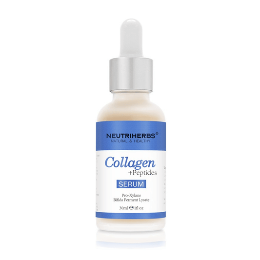 Neutriherbs Collagen + Peptides Serum 30 ml com colagénio e péptidos. Sérum facial refirmante que melhora a elasticidade da pele, hidrata em profundidade e ajuda a reduzir linhas finas e sinais de envelhecimento.