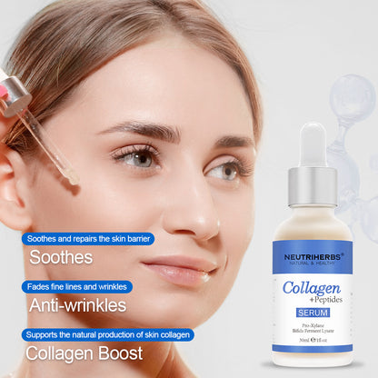 Mulher aplica Neutriherbs Collagen + Peptides Serum 30 ml no rosto com conta-gotas. Sérum hidratante que ajuda a fortalecer a barreira cutânea, melhorar a elasticidade da pele e reduzir linhas finas e rugas visíveis.