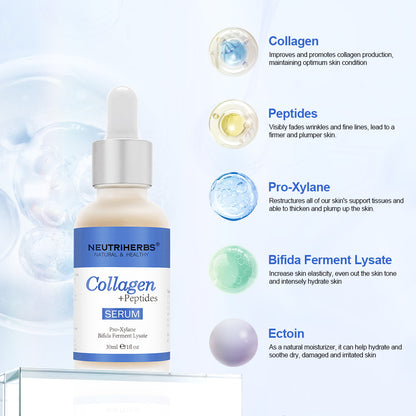 Ilustração dos ingredientes-chave de Neutriherbs Collagen + Peptides Serum 30 ml. Mostra colagénio, péptidos, Pro-Xylane, Bifida Ferment Lysate e ectoína – ingredientes que ajudam a hidratar a pele, melhorar a elasticidade e reduzir linhas finas visíveis.