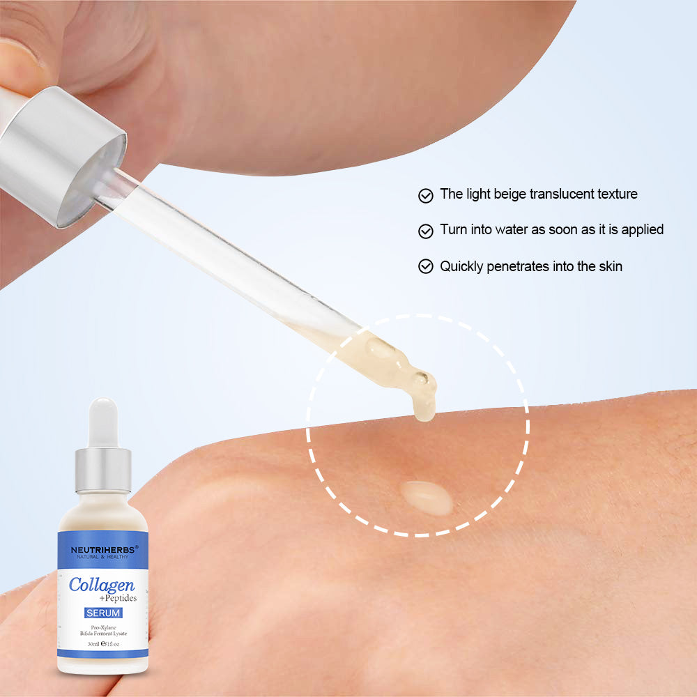 Imagem de perto de Neutriherbs Collagen + Peptides Serum 30 ml a ser aplicado na pele com conta-gotas. A imagem mostra a textura leve e de rápida absorção do sérum, que hidrata a pele sem deixar sensação pegajosa.