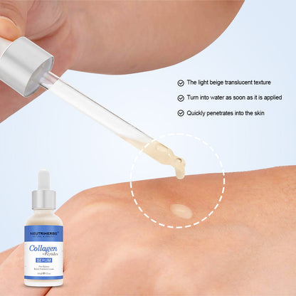 Imagem de perto de Neutriherbs Collagen + Peptides Serum 30 ml a ser aplicado na pele com conta-gotas. A imagem mostra a textura leve e de rápida absorção do sérum, que hidrata a pele sem deixar sensação pegajosa.