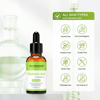 Neutriherbs Hyaluronic Acid + Vitamin C Serum 30 ml para todos os tipos de pele, incluindo pele sensível. Sérum facial hidratante sem álcool, parabenos, óleo mineral ou corantes que reforça a barreira cutânea e dá luminosidade à pele.