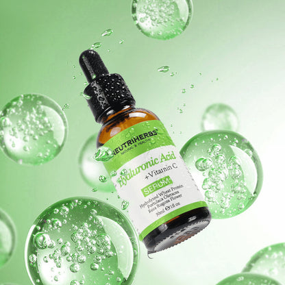 Neutriherbs Hyaluronic Acid + Vitamin C Serum 30 ml com ácido hialurónico e vitamina C. Sérum facial hidratante que proporciona hidratação intensa, melhora a luminosidade da pele e ajuda a reduzir linhas finas para uma pele macia e fresca.