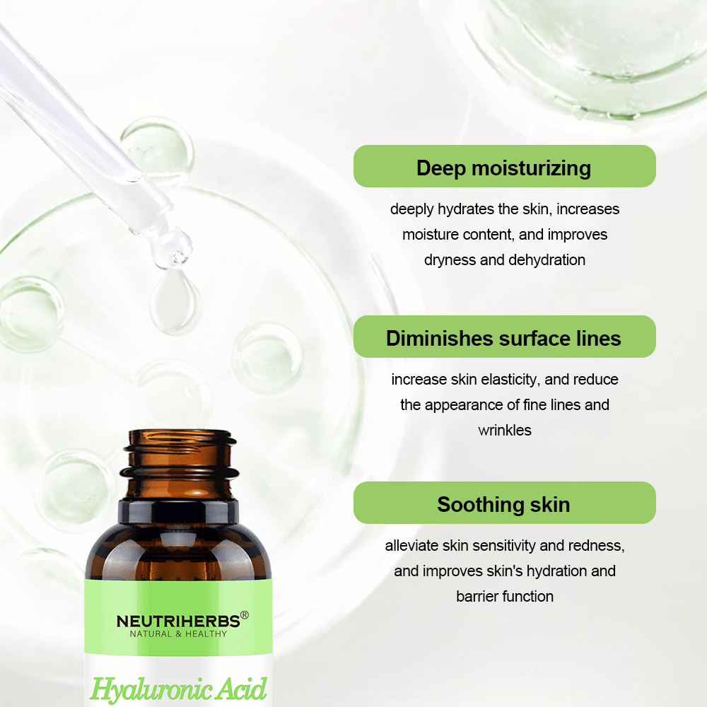 Neutriherbs Hyaluronic Acid + Vitamin C Serum 30 ml. Sérum facial hidratante com ácido hialurónico e vitamina C que proporciona hidratação intensa, acalma a pele sensível, reforça a barreira cutânea e ajuda a reduzir linhas finas e rugas.