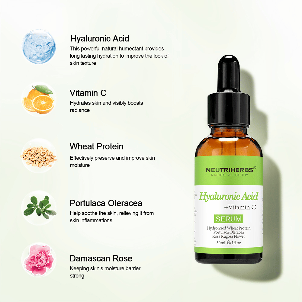 Neutriherbs Hyaluronic Acid + Vitamin C Serum 30 ml com ácido hialurónico, vitamina C, proteína de trigo hidrolisada, Portulaca Oleracea e rosa-damascena. Sérum facial hidratante que reforça a barreira cutânea, acalma a pele e proporciona maior luminosidade.
