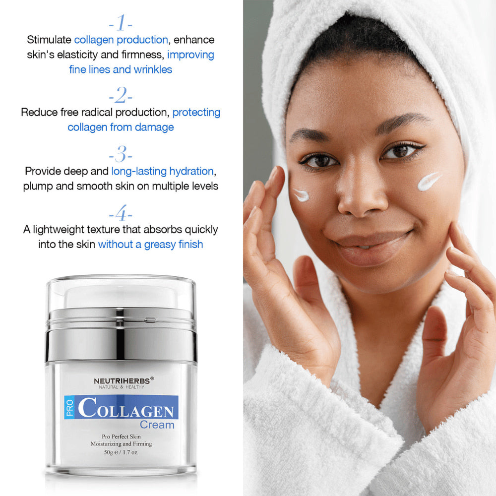 Neutriherbs Pro Collagen Cream 50 g creme de rosto hidratante com colagénio. Imagem que mostra o creme aplicado na pele e destaca as propriedades do produto: estimula a produção de colagénio, contribui para uma pele mais firme, proporciona hidratação duradoura e é rapidamente absorvido sem sensação oleosa.