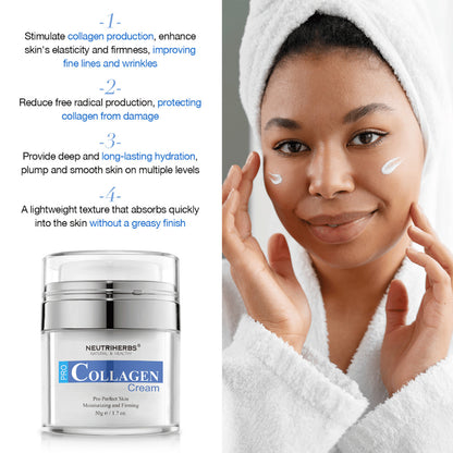 Neutriherbs Pro Collagen Cream 50 g creme de rosto hidratante com colagénio. Imagem que mostra o creme aplicado na pele e destaca as propriedades do produto: estimula a produção de colagénio, contribui para uma pele mais firme, proporciona hidratação duradoura e é rapidamente absorvido sem sensação oleosa.