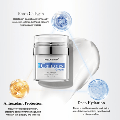 Neutriherbs Pro Collagen Cream 50 g com colagénio e ingredientes hidratantes. A imagem destaca três benefícios principais: estimula o colagénio da pele, proporciona hidratação profunda e oferece proteção antioxidante para uma pele mais firme, macia e hidratada.