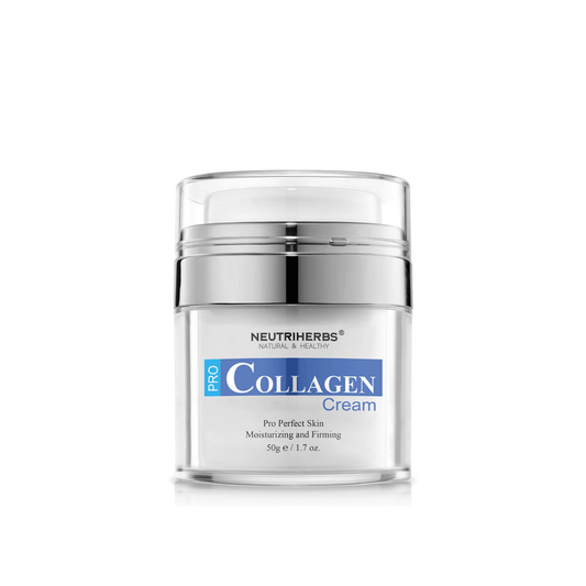 Neutriherbs Pro Collagen Cream 50 g em frasco elegante. Um creme de rosto hidratante e refirmante desenvolvido para melhorar a elasticidade da pele, proporcionar hidratação duradoura e contribuir para uma pele mais firme, com uma sensação macia e suave.