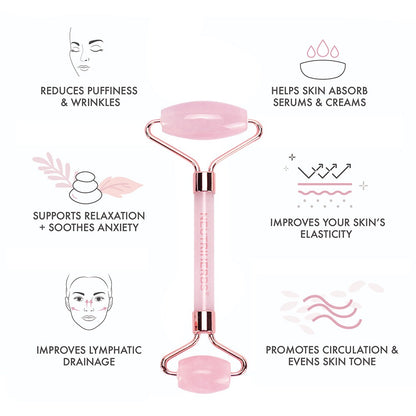 Neutriherbs roller de quartzo rosa para massagem facial que complementa a rotina diária de cuidados de pele.
