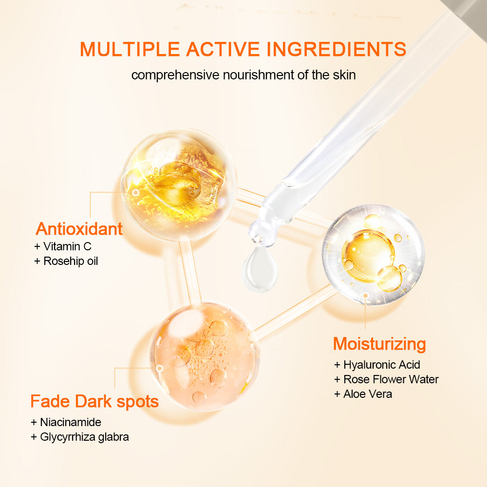 Ilustração que mostra os ingredientes ativos de Neutriherbs Vitamin C + Hyaluronic Acid Serum. A vitamina C e o óleo de rosa mosqueta proporcionam proteção antioxidante, o ácido hialurónico, a água de rosas e o aloé vera hidratam a pele, enquanto a niacinamida e a raiz de alcaçuz ajudam a reduzir manchas de pigmentação e a proporcionar um tom de pele mais uniforme.