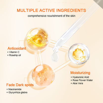 Ilustração que mostra os ingredientes ativos de Neutriherbs Vitamin C + Hyaluronic Acid Serum. A vitamina C e o óleo de rosa mosqueta proporcionam proteção antioxidante, o ácido hialurónico, a água de rosas e o aloé vera hidratam a pele, enquanto a niacinamida e a raiz de alcaçuz ajudam a reduzir manchas de pigmentação e a proporcionar um tom de pele mais uniforme.