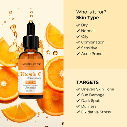 Neutriherbs Vitamin C + Hyaluronic Acid Serum 30 ml com laranjas. A ilustração mostra que o sérum é adequado para todos os tipos de pele, incluindo pele sensível e com tendência acneica, e foi desenvolvido para tom de pele irregular, manchas de pigmentação, danos solares, pele baça e stress oxidativo.