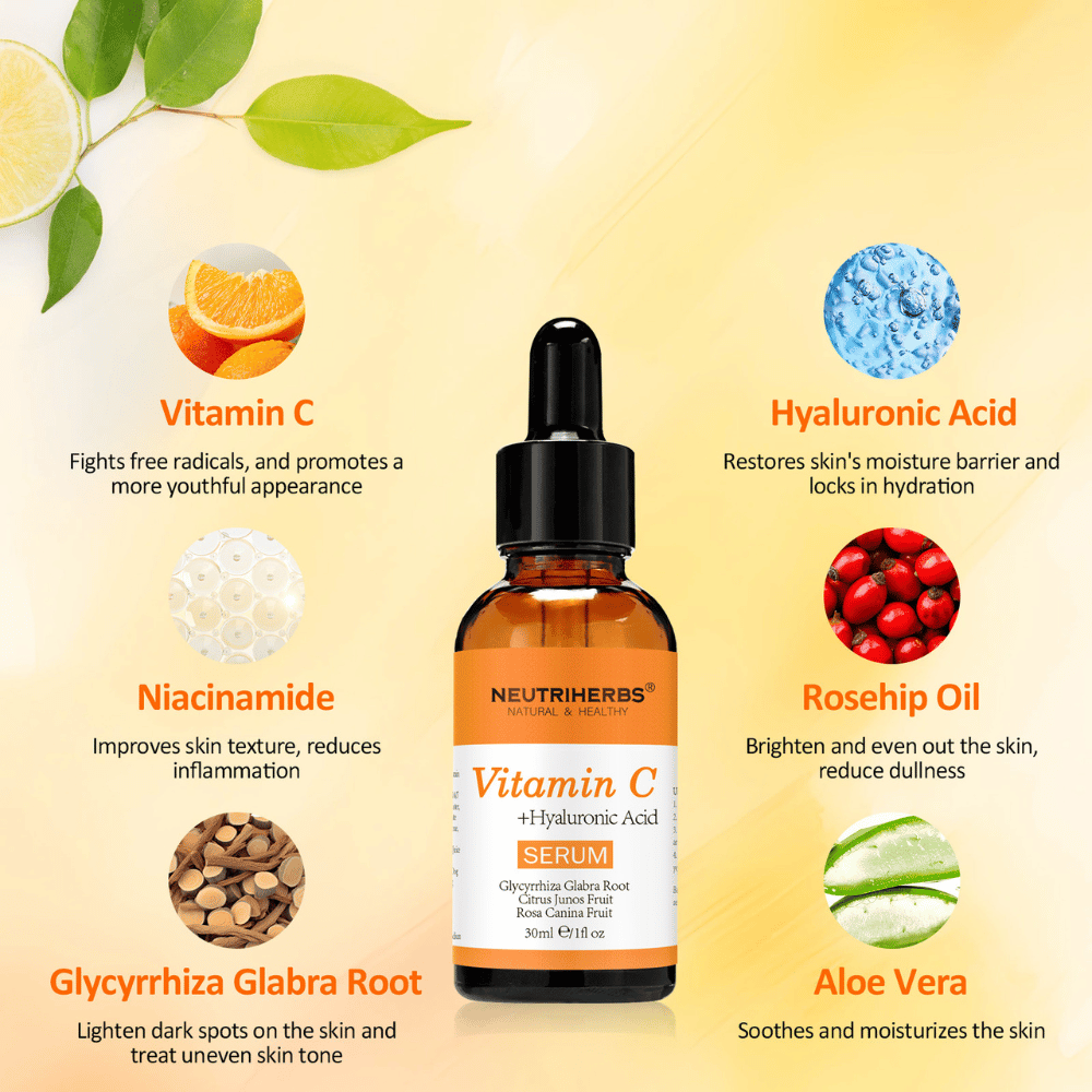Ilustração dos ingredientes principais de Neutriherbs Vitamin C + Hyaluronic Acid Serum 30 ml. Mostra vitamina C, ácido hialurónico, niacinamida, óleo de rosa mosqueta, raiz de alcaçuz e aloé vera – ingredientes que hidratam a pele, proporcionam maior luminosidade, uniformizam o tom da pele e fortalecem a barreira cutânea.